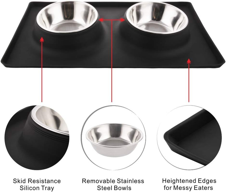 Dog Bowls with Mat, Dog Water Food Bowl Set (26.5Oz Each), No Spill Dual Pet Feeder Stainless Steel Bowl in Silicone Mat for Medium Sized Dogs