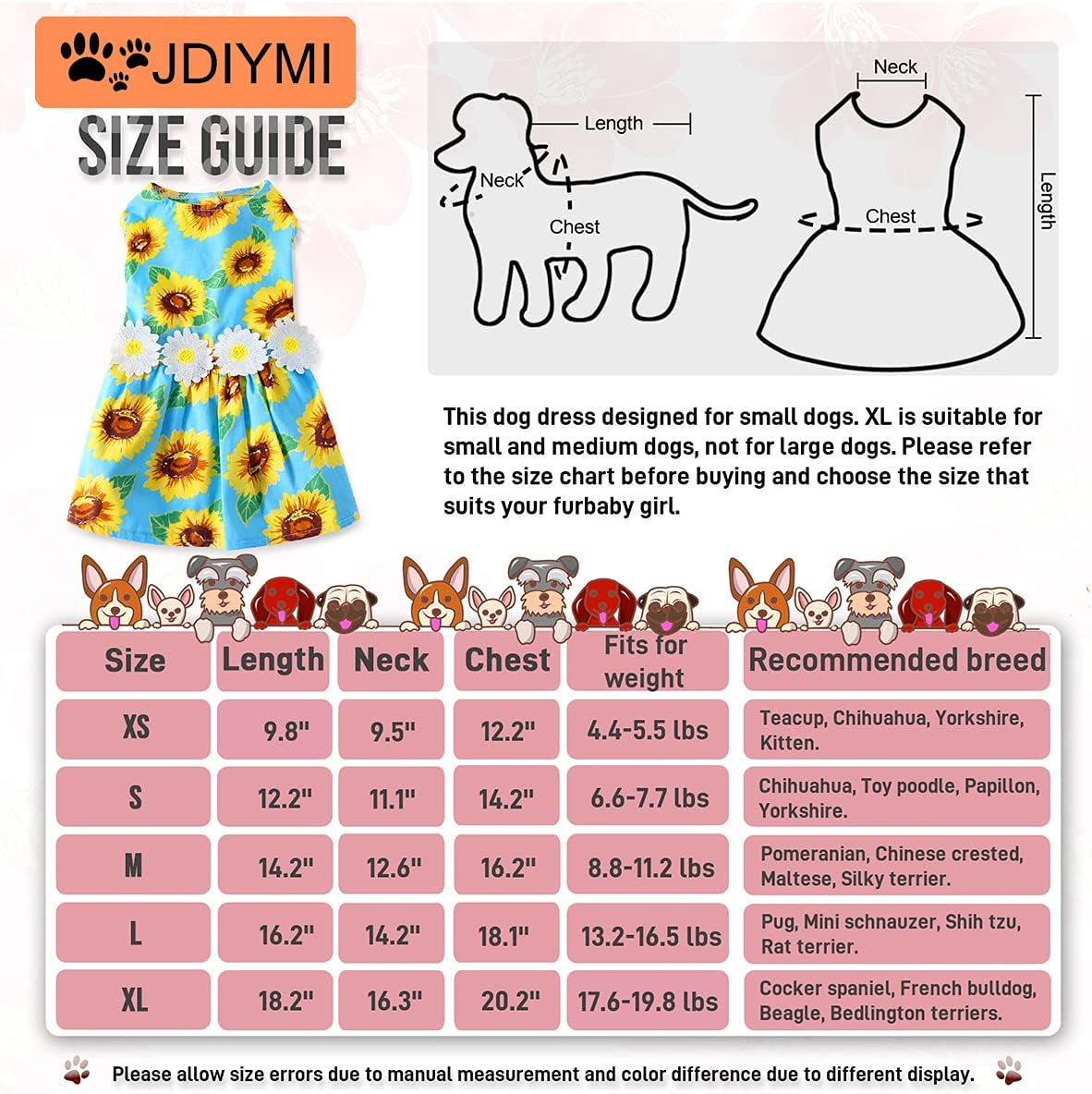Dog Dresses for Small Dogs Sunflower Print Small Dog Dress Puppy Dress Dog Apparel Dog Cloth for Small Dog Girls (L(13.2-16.5Lb))