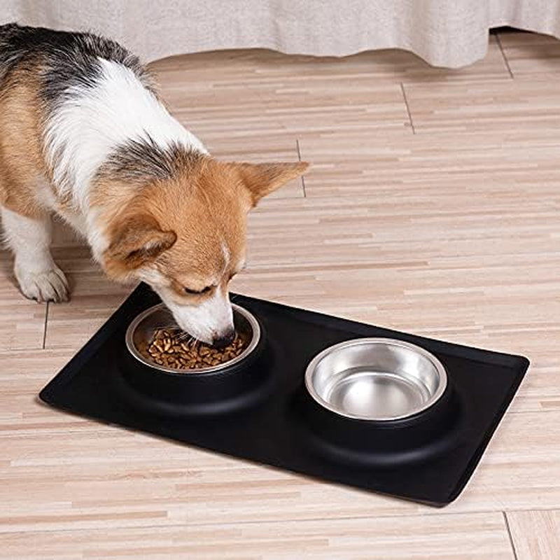 Dog Bowls with Mat, Dog Water Food Bowl Set (26.5Oz Each), No Spill Dual Pet Feeder Stainless Steel Bowl in Silicone Mat for Medium Sized Dogs