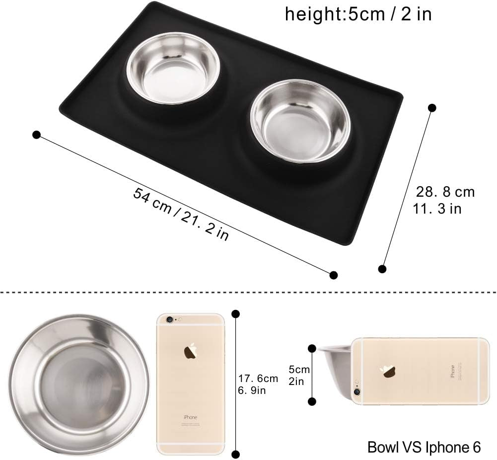 Dog Bowls with Mat, Dog Water Food Bowl Set (26.5Oz Each), No Spill Dual Pet Feeder Stainless Steel Bowl in Silicone Mat for Medium Sized Dogs