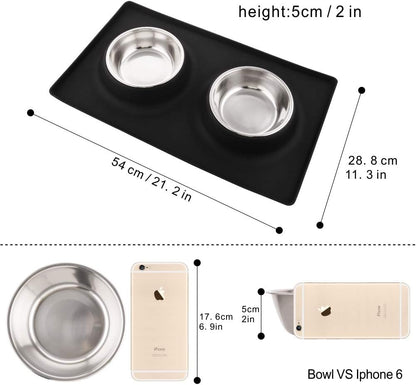 Dog Bowls with Mat, Dog Water Food Bowl Set (26.5Oz Each), No Spill Dual Pet Feeder Stainless Steel Bowl in Silicone Mat for Medium Sized Dogs
