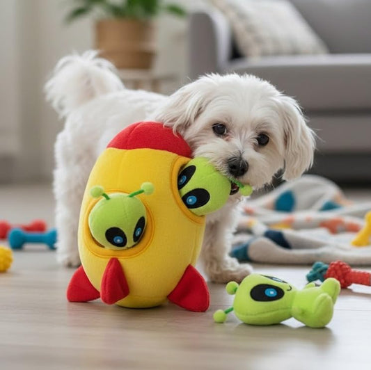 '- Interactive Squeaky Plush Hide and Seek Squirrel Type Puzzle Toy for Dogs, Small Size (Spaceship and Aliens)