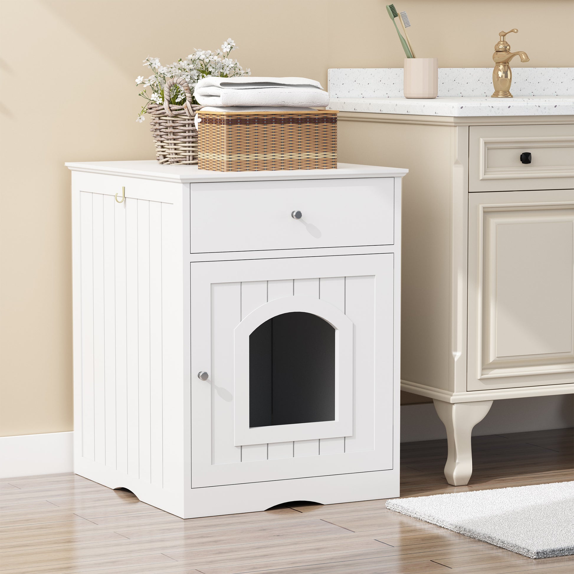 Wooden Pet House Litter Box Fence with Drawers