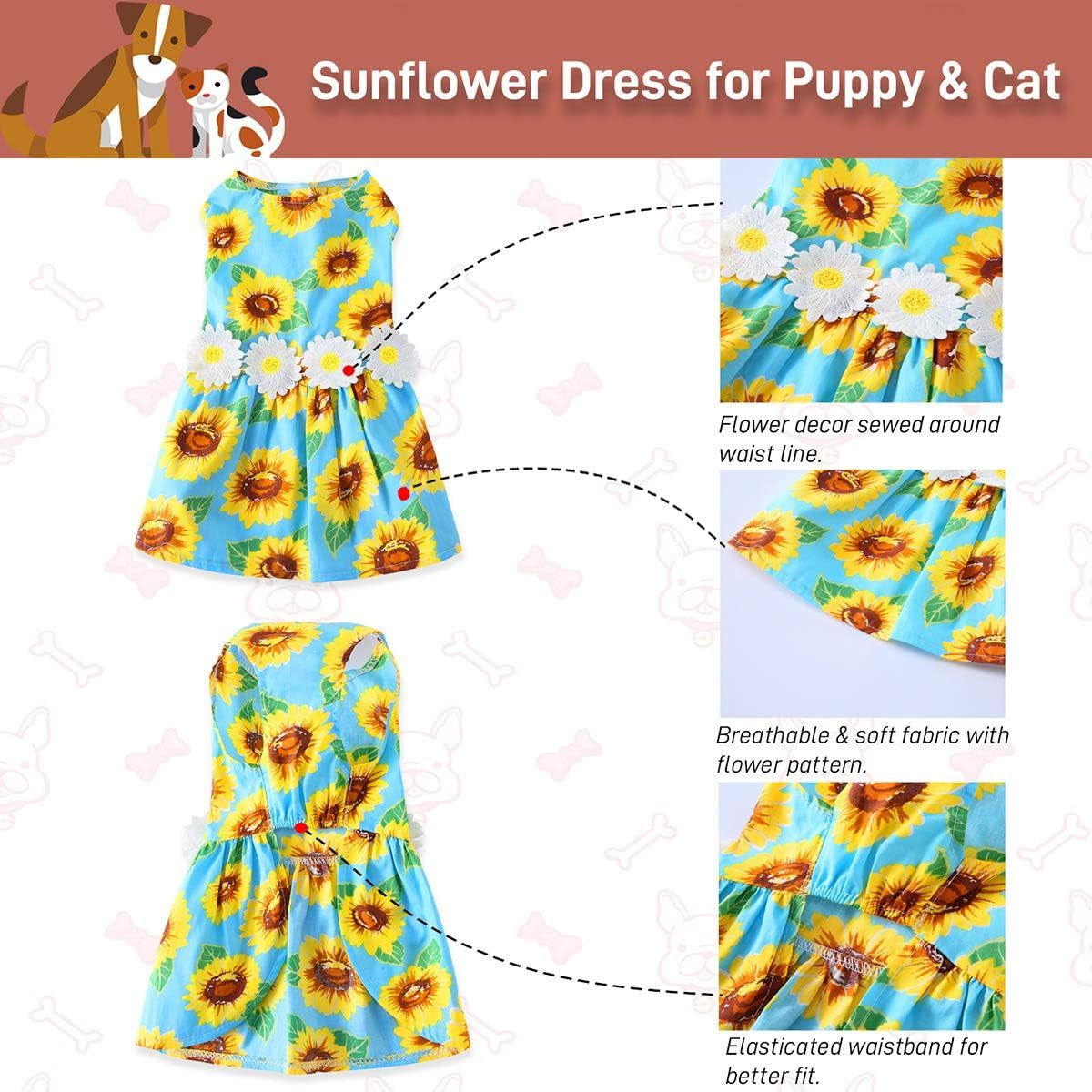 Dog Dresses for Small Dogs Sunflower Print Small Dog Dress Puppy Dress Dog Apparel Dog Cloth for Small Dog Girls (L(13.2-16.5Lb))