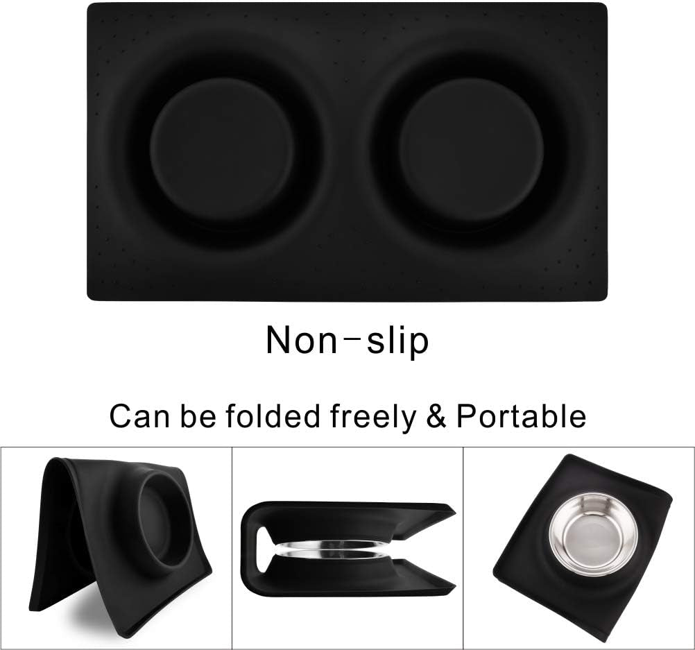 Dog Bowls with Mat, Dog Water Food Bowl Set (26.5Oz Each), No Spill Dual Pet Feeder Stainless Steel Bowl in Silicone Mat for Medium Sized Dogs