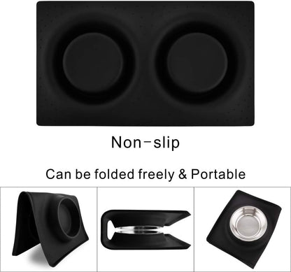 Dog Bowls with Mat, Dog Water Food Bowl Set (26.5Oz Each), No Spill Dual Pet Feeder Stainless Steel Bowl in Silicone Mat for Medium Sized Dogs