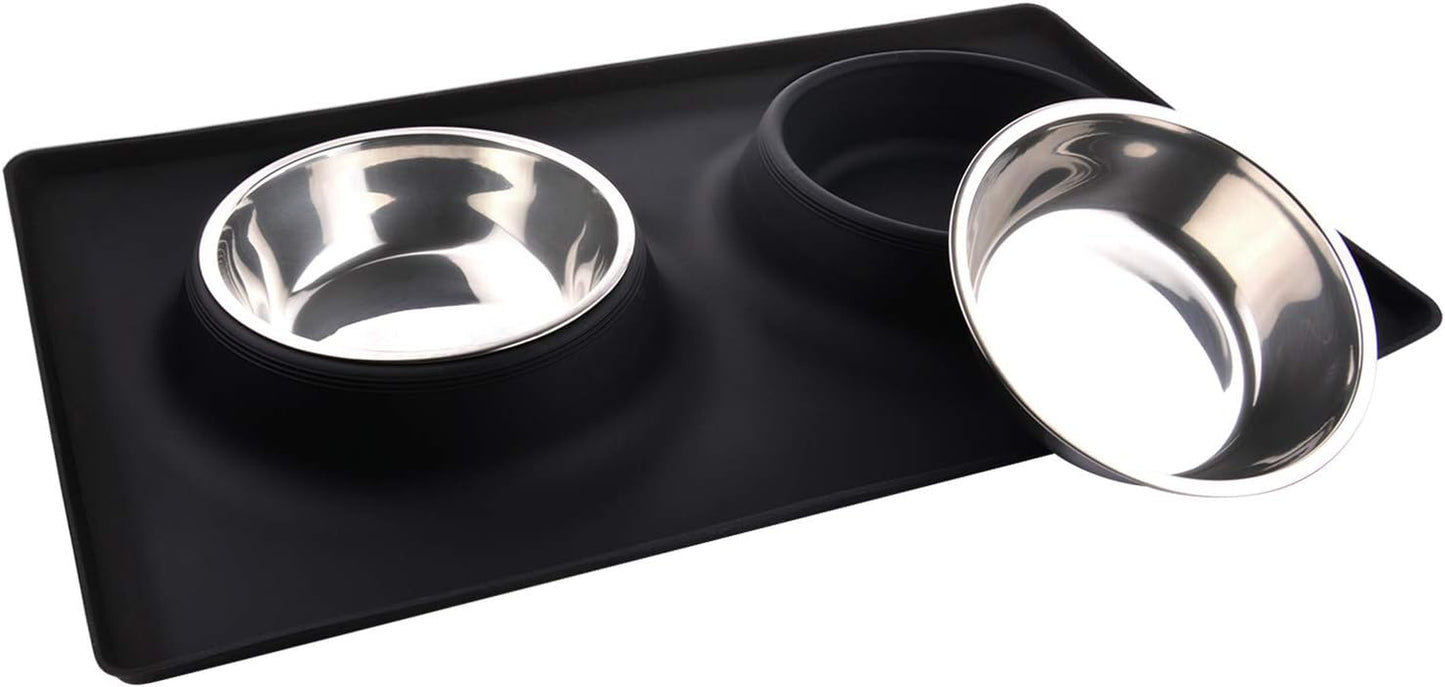 Dog Bowls with Mat, Dog Water Food Bowl Set (26.5Oz Each), No Spill Dual Pet Feeder Stainless Steel Bowl in Silicone Mat for Medium Sized Dogs